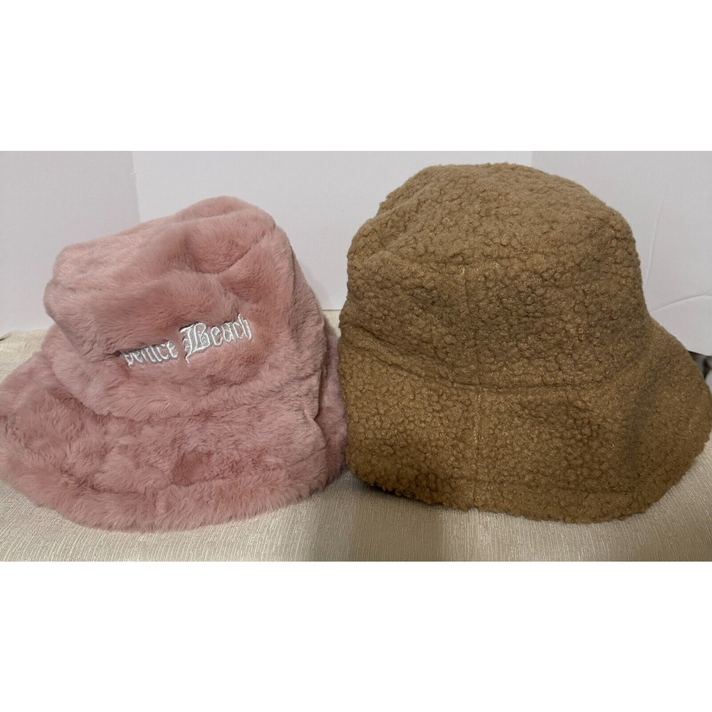 Bucket Hat Lot womens pink furry Venice Beach & Tan reversible sherpa/leather